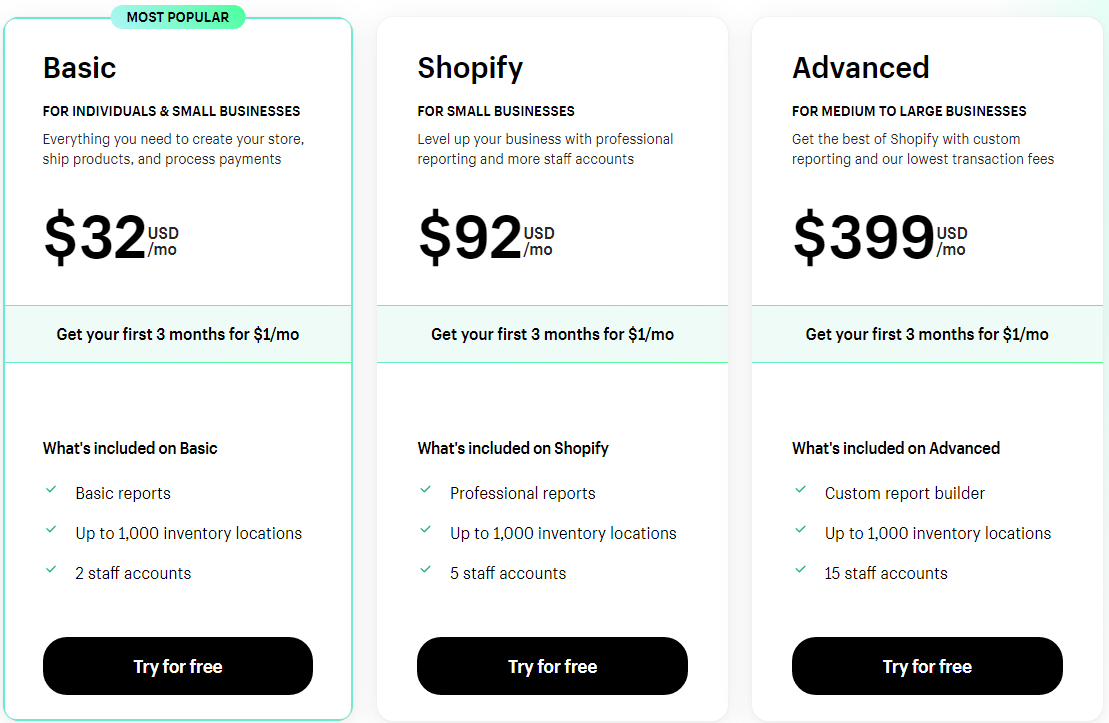Plans and pricing options for Shopify.